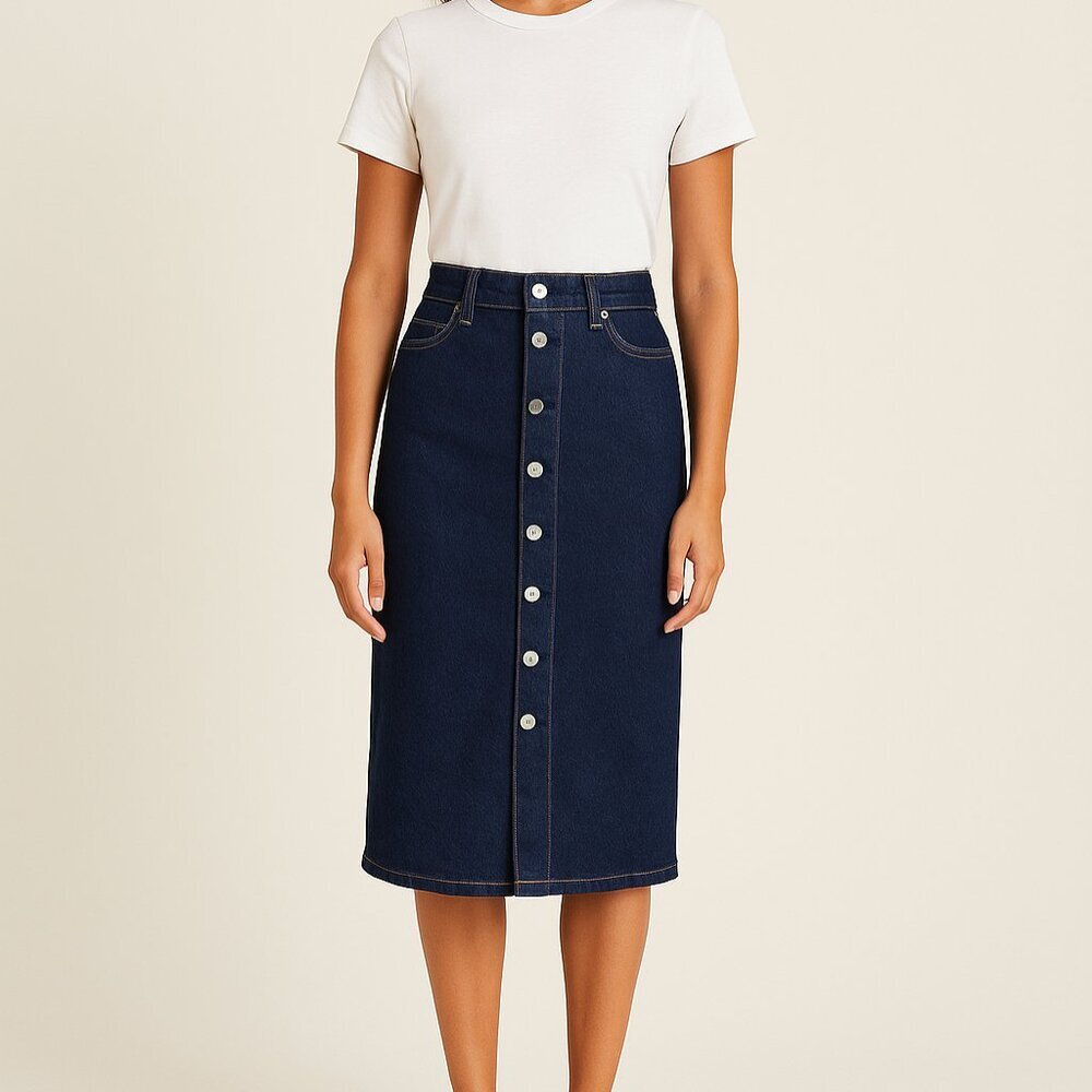 Everlane Dark Blue Button-Front Denim Pencil Skirt